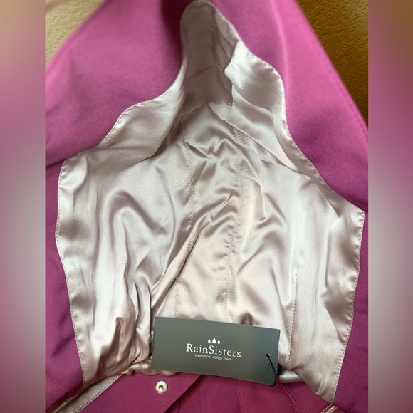 Women’s Fuchsia Pink Hooded Waterproof Button Up Peplum Rain Coat Dress - Picture 13 of 14